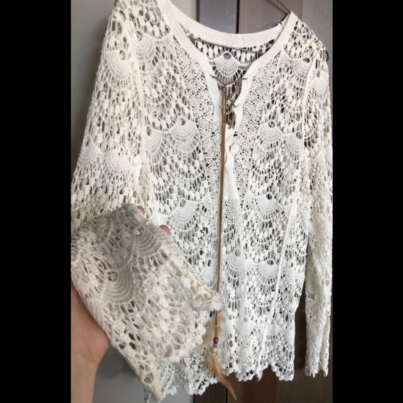 White Crochet Boho-beach top with feather detail - Picture 3 of 4